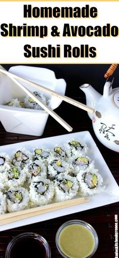 homemade shrimp and avocado sushi rolls on a plate with chopsticks