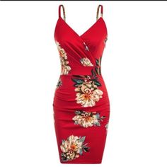 Curlbiuty Red Floral Sexy Bodycon Ruched Surplice V-Neck Knee Length Sleeveless Stretchy Dress Xl. Looks To Run Small For Size. Could Fit A Large (Please See Measurements Below). Nwt. Polyester/ Spandex. Side Zipper Closure. Button Closure At Neckline. Comfort. Length 40". Pit To Pit 19. Waist 32. Red Stretch Bodycon Beach Dress, Red Fitted Bodycon Beach Dress, Red Fitted Bodycon Dress For Beach, Red Stretch Floral Mini Dress, Stretch Red Mini Dress With Floral Print, Red Floral Print Bodycon Dress, Red Stretch Mini Dress With Floral Print, Fitted Red Floral Print Bodycon Dress, Party Red Floral Print Bodycon Dress