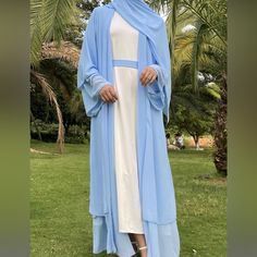 Chiffon Blue Abaya With Cotton Underdress Included Sizes Available Large X-Large Xxlarge Blue Modest Long Abaya, Blue Long Abaya For The Beach, Blue Long Abaya For Beach, Blue Abaya For Beach During Eid, Blue Abaya For Beach And Eid, Blue Abaya, Cell Phone Holster, Phone Holster, Pajama Shirt