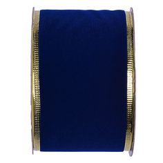 a roll of royal blue ribbon with gold trimmings on the edge and bottom