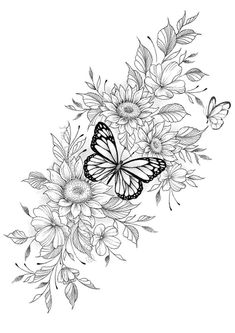 a black and white drawing of flowers with butterflies