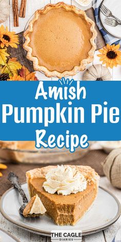 two images of Amish pumpkin pie, image on top is an overhead view and the image underneath is a dished out slice of pumpkin pie Amish Pumpkin Pie Recipe, Pumpkin Custard Pie Recipe, Desserts Pumpkin, Breakfast Dessert Recipes, Vegetarian Recipes Dessert, Pumpkin Spice Donut, Classic Thanksgiving, Pumpkin Custard