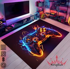 a video game controller on a rug in front of a flat screen tv with neon lights