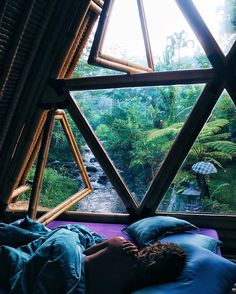 the inside of a tree house with lots of plants and trees in it's windows