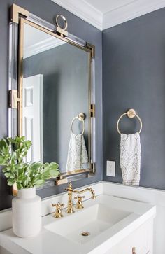 a white sink sitting under a bathroom mirror next to a potted plant and towel rack