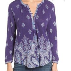 Lucky Brand Print Knit Split Neck Top The Pretty Print Of A Long-Sleeve Top Cut From A Lightweight Knit Concentrates At The Banded Neck And Curved Hem. - Front Button-Loop Closures - Split Neck - Long Sleeves With Single-Button Cuffs - Curved Hem - 55% Linen, 45% Viscose - Machine Wash Cold, Tumble Dry Low Casual Purple Knit Top, Jacquard Knit Top For Layering, Casual Jacquard Knit Top, Casual Long Sleeve Jacquard Knit Top, Purple Long Sleeve Knit Top, Purple Knit Long Sleeve Top, Purple Knit Tops For Layering, Casual Jacquard Knit Top For Spring, Casual Knit Blouse For Layering