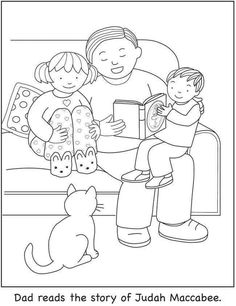 an adult and child sitting on a couch reading a book with a dog looking at them