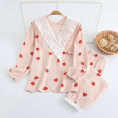 The Strawberry Kimono Original Pajamas is a really pretty set made with small strawberry icons and a soft fabric! We are passionate about fabric and textile materials and have thus created the best, most comfortable yet practical line of pajamas. This loungewear is all you need to help relax at home. They are soft and easy to touch which projects versatility and effortless grace in every step you take. Made to make you feel good, each of our Original Pajamas is an expression of our love for self Strawberry Kimono, Lounging Outfit, Sleepwear Women Pajamas, Satin Set, Comfy Sets, Pajamas Comfy, Casual Evening, Collars For Women, Pajamas Set