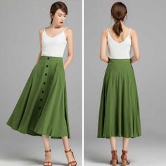 "This wonderfully retro button down Linen skirt is going to take you from the desk to dinner out and errands... Dressy and comfortable, The green Skirt offers a classic look that never goes out of style. DETAIL * 50% linen, 50% cotton * No lining * Seam pocket * Right side zipper closure, can't open buttons * Button down Linen skirt * Below Knee Length * High waisted skirt * Flowy swing skirt * A Line skirt, Midi skirt * Wash by hand or machine with cold water * The model is 165 cm (5′ 5″) tall Cotton Full Skirt With Buttons, Relaxed Full Skirt With Buttons, Casual Flared Maxi Skirt With Buttons, Buttoned Full Maxi Skirt, Summer A-line Skirt With Button Closure, Buttoned Flared Skirt, Retro Flared Skirt With Pockets, Flowy Full Skirt With Button Closure, Summer A-line Skirt With Buttons