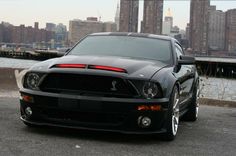 a black mustang parked in front of a city skyline