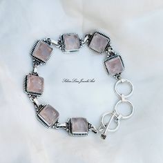 "Rose Quartz Bracelet, Handmade Bracelet, 925 sterling silver, Pink Square Gemstones, Gift For Her, Silver Jewelry, Sterling Silver Benefits of Rose quartz : It's believed among crystal healers that rose quartz can promote feelings of self-love. \"Rose quartz may be used to balance emotional health, release emotional blockages, and balance other chakras,\" explains Birch. Thanks for visiting my shop. Omwati" Elegant Adjustable Pink Sterling Silver Bracelet, Elegant Pink Crystal Sterling Silver Bracelet, Silver Rose Quartz Bracelets As Gift, Pink Gemstone Sterling Silver Bracelet, Silver Rose Quartz Bracelets For Gifts, Silver Rose Quartz Bracelet For Gift, Pink Sterling Silver Round Bracelet, Silver Rose Quartz Gemstone Jewelry, Pink Sterling Silver Bracelet Nickel Free