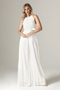 Feminine, floaty and perfect for Spring. Cut from breezy georgette chiffon for a fresh feel in elegant ivory, 'Fadia’ has a wide belt to cinch the waist . The classic halter shape silhouette and accentuates the figure whilst prioritizing luxurious comfort. and we love how the pleated waist falls to a flared long hem for feminine flair.It's fully lined for comfort and zips up the back for easy on. Wear yours with delicate accessories like our 'Adrien' necklace.WHERE TO WEAR:Pretty date nights, bo Chic Belted Maxi Dress For Wedding, Elegant Belted Jumpsuits And Rompers For Summer, Elegant Sleeveless Tie Waist Jumpsuits And Rompers, Elegant Chiffon Maxi Dress With Tie Back, Elegant Sleeveless Jumpsuit For Bridesmaids, Elegant White Maxi Dress With Tie Waist, Summer Formal Chiffon Jumpsuits And Rompers, Elegant Sleeveless Jumpsuits And Rompers For Bridesmaids, Elegant Summer Jumpsuits And Rompers With Tie Waist