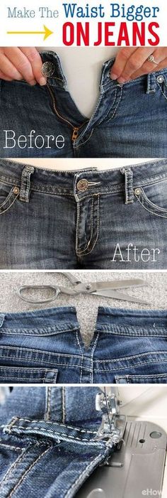 how to make the waist bigger with jeans before and after using sewing machine, step by step