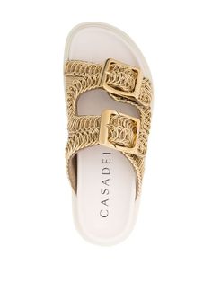 Casadei Birky Ale Platform Slides - Farfetch Gold Slide Footbed Sandals With Buckle Closure, Gold Slide Footbed Sandals With Buckle, Luxury Flat Slides With Buckle Closure, Gold Footbed Sandals With Removable Insole, Gold Leather Footbed Sandals With Textured Footbed, Gold Buckle Closure Slip-on Sandals, Gold Slip-on Sandals With Buckle Closure, Gold Open Toe Slides With Buckle Closure, Luxury Cushioned Footbed Sandals