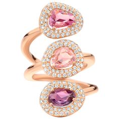 One of a kind three-stone "Didi” ring in 18 Karat rose gold 14.8 gram set with the finest diamonds in brilliant cut 1,04 Carat (VS/F quality) and 3 natural, pink & purple sapphires in double rose cut 2,85 Carat. Because every sapphire has his own irregular shape and color, every piece of the "Didi” collection is truly unique. Sapphire is rare to find and one of the oldest gemstones. Known since Antiquity, it takes its name from the Hebrew sappir, meaning "the most beautiful thing”. Celine Roelen Double Rose, Dream Wedding Ring, Diamond Cocktail Ring, Three Stone Diamond, Purple Sapphire, Jewelry Accessories Ideas, Diamond Cocktail Rings, Purple Stones, Cocktail Ring