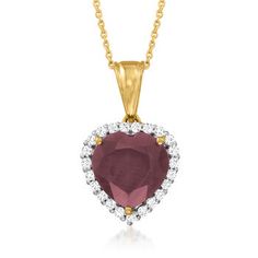 Ross-Simons - 6.00ct Ruby Heart Pendant Necklace, .40ct t. w. White Topaz Over Sterling. 18". Invite romance into your life with this ravishing ruby necklace! Featuring a rich, warm 6.00 carat heart-shaped ruby trailed by .40 ct. t. w. white topaz rounds. Set in polished 18kt yellow gold over sterling silver and suspended from a cable chain. Springring clasp, white topaz and ruby heart pendant necklace. Ruby birthstones are the perfect gift for July birthdays. Ruby Heart Pendant, Necklace Ruby, Ruby Heart, Ruby Birthstone, Ruby Necklace, Ruby Stone, Fine Jewellery Necklace, Heart Pendant Necklace, White Topaz