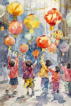 watercolor painting of children playing in the rain with paper lanterns hanging from wires above them