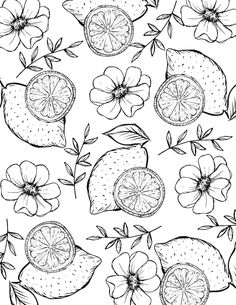 the fruit and flowers are drawn in black and white, with one piece cut off