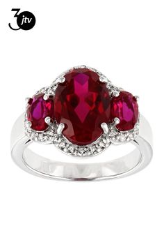 4.76ctw Oval Lab Created Ruby With .38ctw round White Topaz Rhodium Over Sterling Silver Ring. Measures approximately .67"L x .57"W. Not sizeable. Ruby Silver Ring, Red Lab, Cubic Zirconia Bracelet, Moissanite Necklace, Yellow Gemstones, Diamond Alternatives, Sterling Silver Engagement Rings, Silver Engagement Rings, Fine Jewelry Bracelets