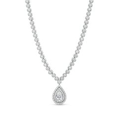 Exude an elegant vibe when you wear this pear-shaped lab-created diamond drop necklace. Fashioned in cool 10K white gold A double frame of lab-created diamonds surrounds the 1/2 ct. pear-shaped lab-created diamond drop. Round lab-created diamonds line half the length of the design in sparkle. Radiant with 2 cts. t.w. of lab-created diamonds This adjustable 18.0-inch cable chain necklace secures with a lobster claw clasp. Formal Pear-shaped Brilliant Cut Diamond Necklace, Formal Pear-shaped Brilliant Cut Bridal Necklace, Classic Pear-shaped Diamond Bridal Necklace, Formal Diamond White Pear-shaped Diamond Necklace, Formal Pear-shaped Diamond Necklace In Diamond White, Elegant Pear-shaped Solitaire Necklace For Formal Occasions, White Gold Pear-shaped Bridal Necklace For Formal Occasions, White Gold Pear-shaped Bridal Necklace For Formal Events, Pear-shaped White Gold Bridal Necklace For Formal Events