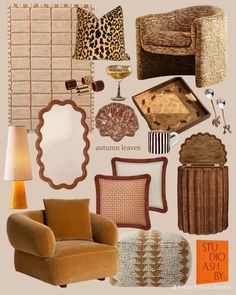 a collage of animal print, pillows, and other items in shades of brown