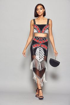 Fringed midi skirt with Western inspired black, red and white design Fringe Top Outfit Western, Fringe Top Outfit, Halter Outfit, Fringe Midi Skirt, Embellished Midi Skirt, Frock And Frill, Western Design, Fringe Skirt, Skirt Co Ord