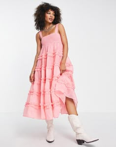 Dresses by sister jane All dressed up Square neck Shirred, stretch bodice Tiered hem Zip-back fastening Regular fit Organza Midi Dress, Pink Ruffle Dress, Sister Jane, Pretty Blouses, Tiered Dress, Dance Dresses, Guest Dresses, Pink Fashion, Ruffle Dress