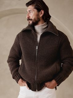 Italian Style Men Winter, Italian Men Winter Style, Wool Sweater Men Outfit, Zip Up Sweater Outfit Men, Knitted Sweaters Outfit Men, Sweater Outfits Men, Mens Winter Fashion Outfits, Satin Shirts, Honeycomb Stitch