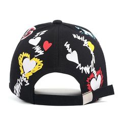 Available in a striking black color, this smart baseball cap displays a sassy hip hop style that elevates your casual wear in an instant. Showcasing a graffiti and cartoon print pattern, this snapback hat is made from superior quality cotton and fitted with adjustable straps that ensure a perfect fit. A multi-function accessory, this striking cap offers complete protection from the sun, making it ideal on hot summer days!Specifications season: spring,summer color: Black,white,red Style: Casual S Trendy Streetwear Cap, Black Hip Hop Snapback Hat With Flat Bill, Hip Hop Snapback Hat With Letter Print Visor, Hip Hop Snapback Hat With Letter Print, Black Hip Hop Fitted Hat For Streetwear, Hip Hop Summer Baseball Cap With Curved Bill, Summer Hip Hop Baseball Cap With Curved Bill, Hip Hop Fitted Hat For Baseball Season, Hip Hop Style Baseball Cap With Letter Print