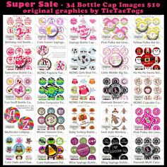 a large poster with different logos and designs on it's sides, including the words super sale 4 bottle cap images $ 10 each