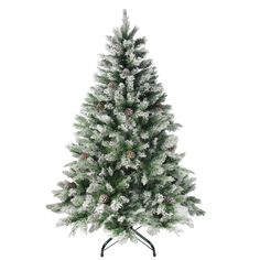 a white christmas tree with pine cones and snow on the top, against a white background