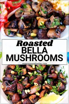 roasted bella mushrooms in a white bowl with herbs and lemon wedges on the side