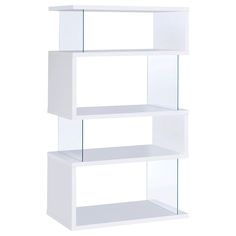 a white shelf with three glass shelves on each side and one empty shelf below it