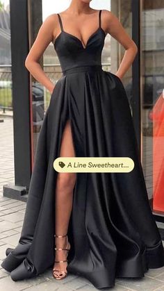 Black satin spaghetti straps sweetheart split long prom dresses#affordablefashion #straplessdress #formalwear #datenight #weddingguest #wardrobeessentials