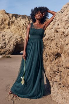 Radiant Entrance Emerald Green Tulle One-Shoulder Maxi Dress Fairy Bridesmaid, Silver Satin Dress, Navy Satin Dress, Tulle Prom Dresses, Tulle Maxi Dress, Green Tulle, Full Length Gowns, One Shoulder Gown, Dress Tulle