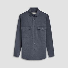 This classic shirt jacket, featuring a refined small check pattern is crafted from premium stretch knit fabric and features a point collar, full button closure with mother-of-pearl buttons, and two chest pockets with buttoned flaps. Ideal for everyday casual wear and semi-formal occasions alike. Navy Collared Outerwear With Buttoned Pockets, Classic Fall Shirt With Buttoned Pockets, Classic Shacket With Welt Pockets And Spread Collar, Business Casual Shirt With Spread Collar And Patch Pockets, Classic Collared Shacket With Welt Pockets, Navy Shirt For Workwear In Fall, Classic Outerwear With Button Closure And Casual Collar, Classic Button-up Shacket With Patch Pockets, Workwear Shirt With Buttoned Pockets And Fold Down Collar