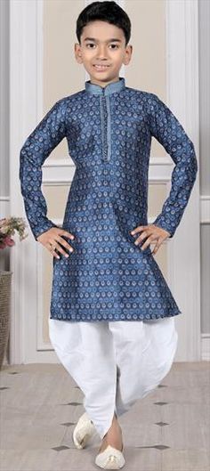 Blue color Boys Dhoti Kurta in Art Silk fabric with Embroidered work Blue Bandhani Print Salwar Kameez For Navratri, Blue Sets With Printed Motifs In Traditional Drape, Blue Sets With Printed Motifs In Straight Kurta Style, Blue Art Silk Traditional Wear For Diwali, Traditional Wear With Blue Traditional Patterns For Diwali, Blue Traditional Wear With Patterns For Diwali, Blue Traditional Wear For Diwali With Traditional Patterns, Blue Printed Motifs Sets For Festive Occasion, Blue Printed Motifs Sets For Navratri