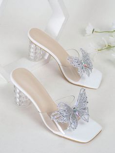 Fashionable High Heel Sandals For Women With Rhinestone Butterfly Decor, Transparent Glass Jelly Fabric, Irregular Shape White Glamorous,Fashionable        Women Shoes, size features are:Bust: ,Length: ,Sleeve Length: Elegant Shoes Heels, Glass Heels, Butterfly Heels, Butterfly Shoes, Pretty Sandals, Fashion Shoes Heels, Shoes Heels Classy, Shoes Outfit Fashion, Chic Heels