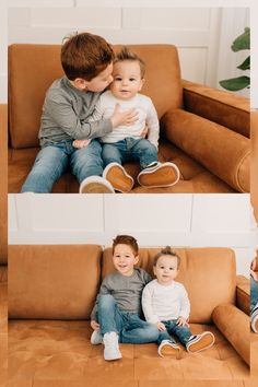 two young boys sitting on a couch with their arms around each other