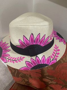 *FLASH SALE* Beautiful hand painted flower hat- panama style Pink Fedora Straw Hat For Summer, Handmade Flower Hats For Summer, Pink Flower Hat For The Beach, Summer Vacation Hats With Flower Shape, Pink Flower Hat For Beach, Pink Summer Straw Hat For Garden Party, Summer Vacation Hat With Flower Shape, Pink Bohemian Sun Hat For Garden Party, Summer Pink Straw Hat For Garden Party