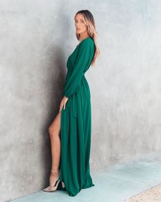 F00148451-203 V Neck Long Sleeve Dress, V Neck Dresses, Tie Maxi Dress, Chiffon Fashion, Long Sleeve Dresses, Split Maxi Dress, Split Dress, Loose Outfit, Daily Dress