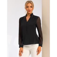 Creates an elegant chic look to your wardrobe with this chiffon work blouse. Featuring textured sheer long sleeves, button decor, and a ruffle high neck, this chiffon blouse offers a charming career style. Soft and lightweight fabric makes this shirt breathable and comfortable to dress up all day. It is a perfect choice for work or business casual with the classic solid colors of this blouse. Long Sleeve Work Shirt, Ladies Chiffon Shirts, Button Decor, Sheer Long Sleeve, Women's Blouses, Work Shirt, Elegant Chic, Chiffon Shirt, Chiffon Blouse