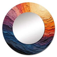 a circular mirror with multicolored paper on the outside and inside, in front of a white background