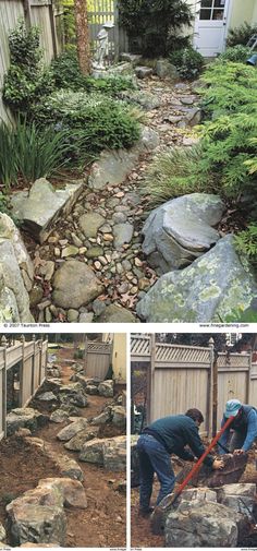 two pictures of a man working in the yard with rocks and plants on either side of him