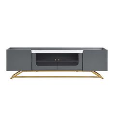 the sideboard with gold legs and an entertainment center in grey, white and brass