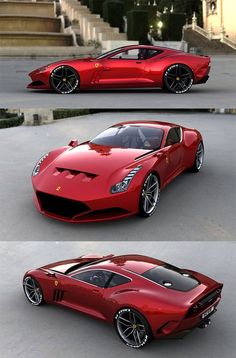 three different views of a red sports car