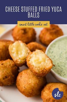 cheese stuffed fried yogurt balls on a plate with dipping sauce