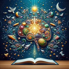 an open book sitting on top of a wooden table next to stars and moon symbols