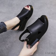 Lasaky - High Heel Platform Wedge Sandals with Open Toe, Buckle Strap Back and Fashionable Slide Design Sandal Hak Tinggi, Sandal Kulit, High Platform Shoes, Summer Shoes Wedges, Sandal Wedges, Orthopedic Sandals, Casual High Heels, Summer Wedges, Open Toe High Heels