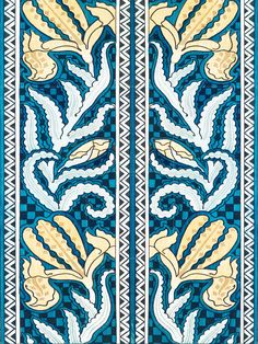 an ornate blue and yellow design with flowers